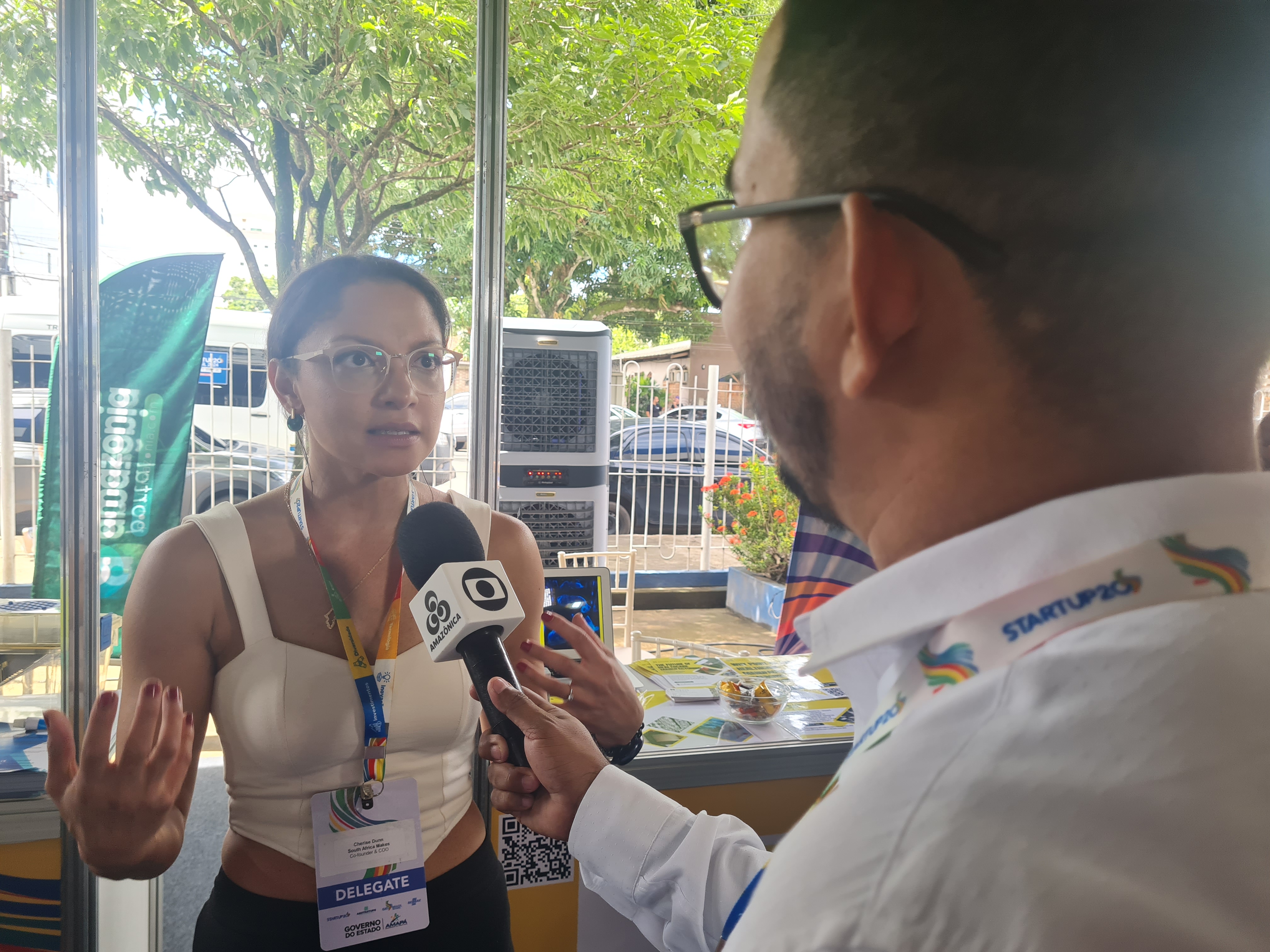 Dr. Cherise Dunn during a media interview at the Startup20 Forum for the G20 Meeting in Macapa, Brazil.