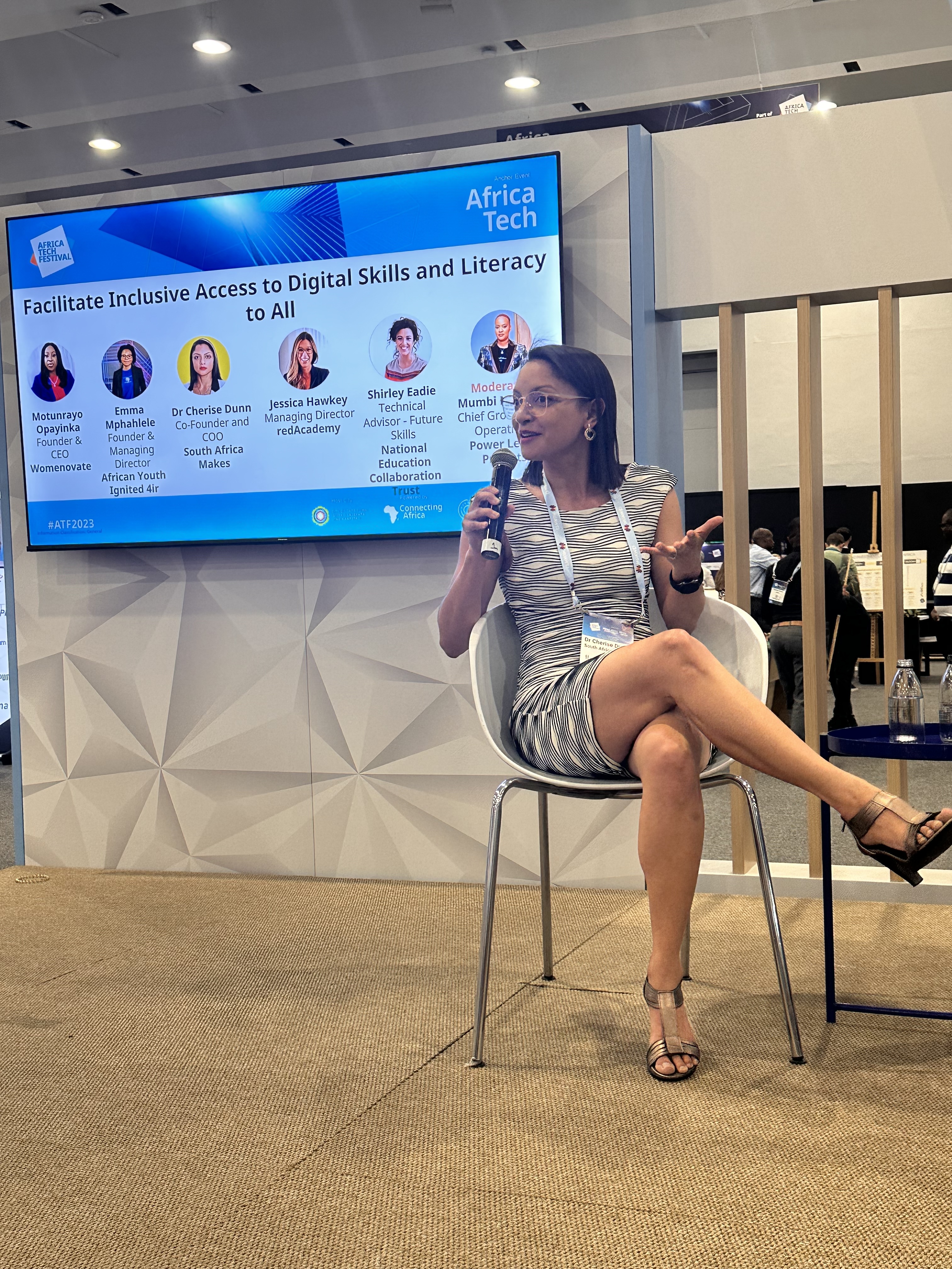 Dr. Cherise Dunn speaking on stage during the Africa Tech Festival plenary discussion on Talent and Skills as Critical Enablers of Africa 4.0.